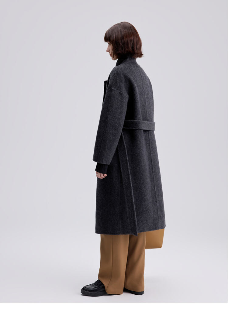 Custom Women Autumn Winter Wool Maxi Coat with Belt Lapel Solid Color Loose Cardigan Ladies Elegant Long Coat manufacture