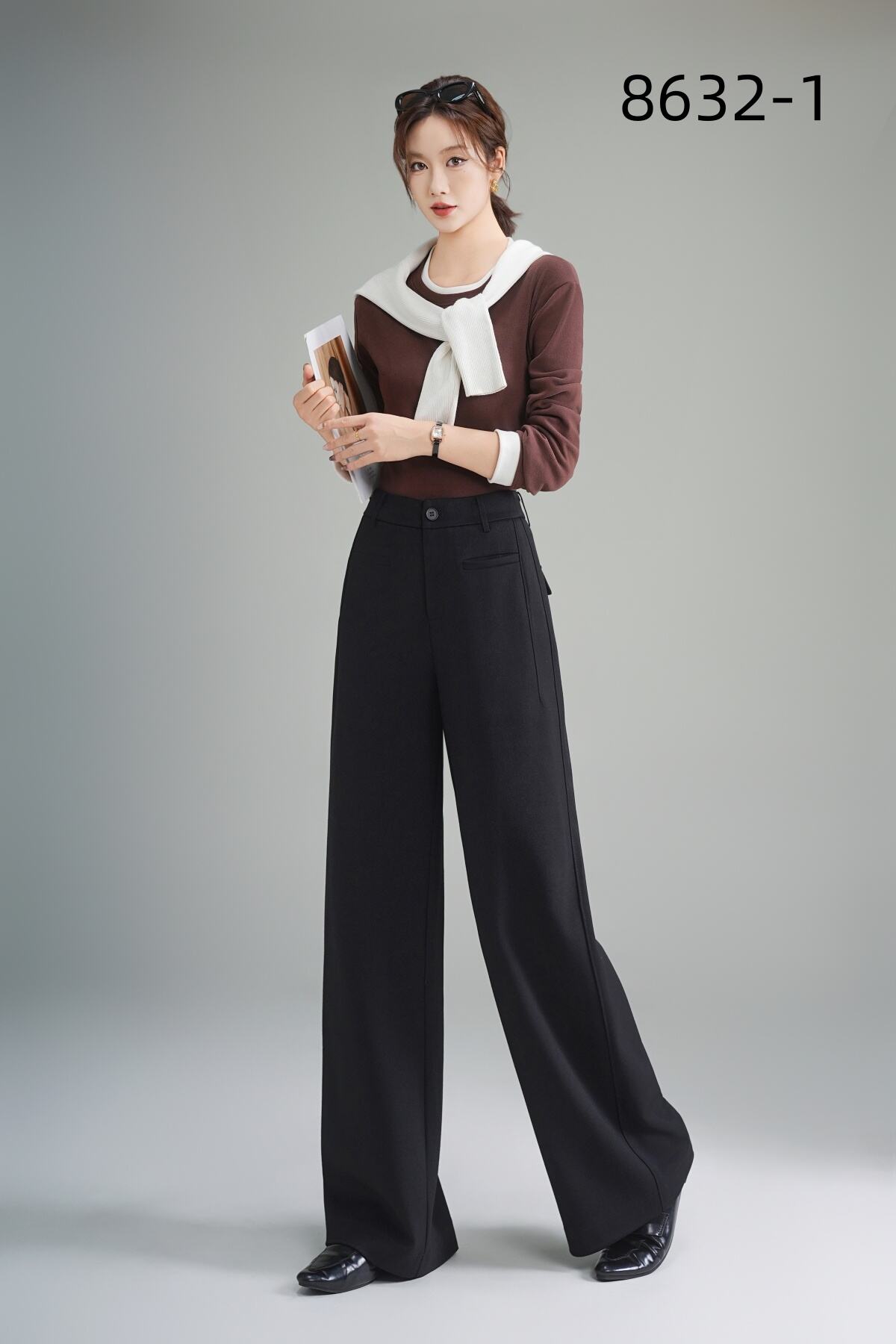 Women's Winter Casual Style Loose Straight-Cut Wide-Leg Trousers Solid Color High Waist Zipper Fly Anti-Wrinkle Long Pants manufacture