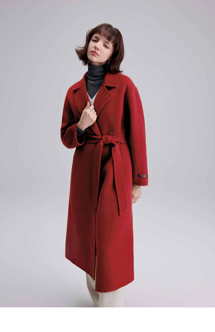 2025 Spring New Elegant Belted Long Cashmere Coat Loose Turn Down Collar Water Ripple Korea Wool Coat Ladies details