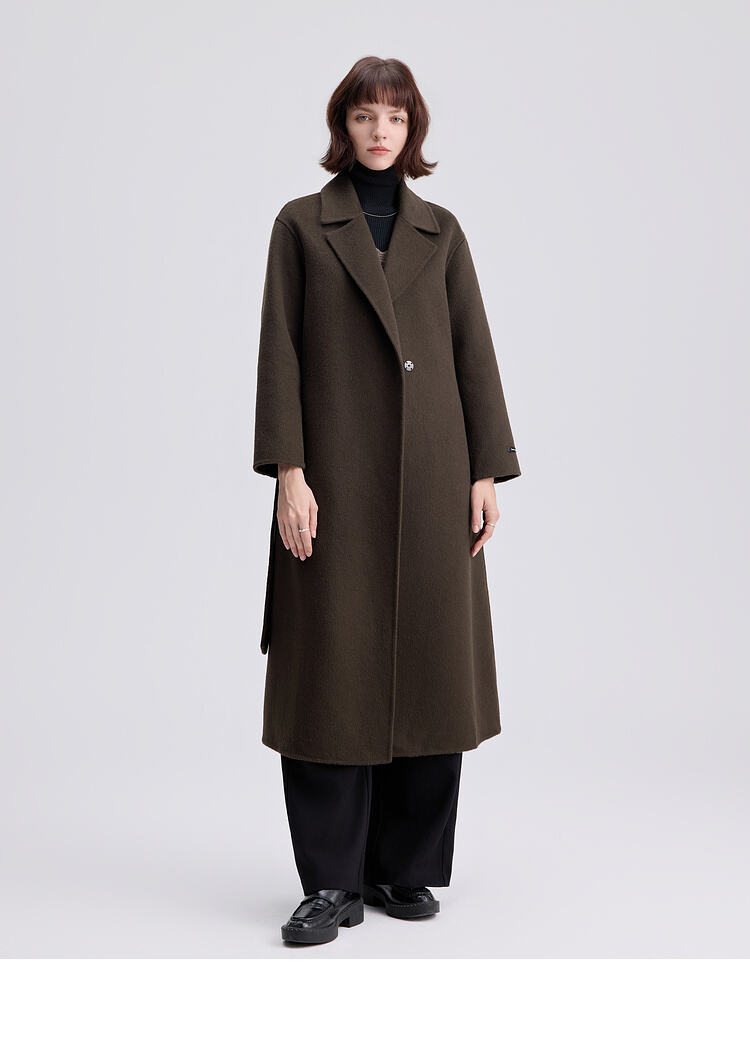 2025 Spring New Elegant Belted Long Cashmere Coat Loose Turn Down Collar Water Ripple Korea Wool Coat Ladies manufacture