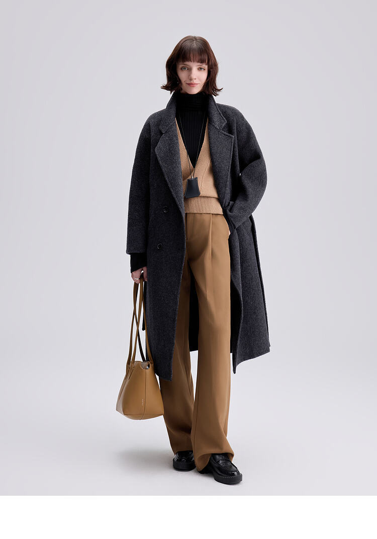 Custom Women Autumn Winter Wool Maxi Coat with Belt Lapel Solid Color Loose Cardigan Ladies Elegant Long Coat supplier