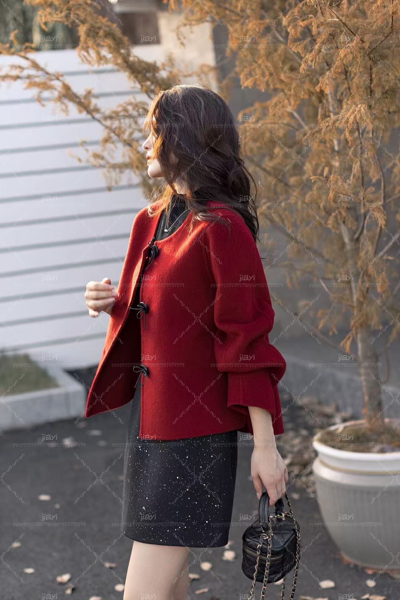 Elegant Long Sleeve Girls Red Jacket for Autumn and Winter Casual Solid Pattern Made of Women's Wool & Blends factory