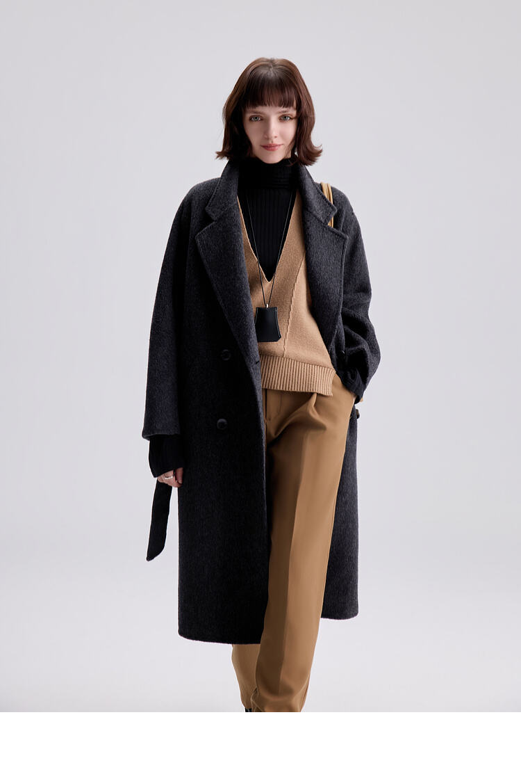 Custom Women Autumn Winter Wool Maxi Coat with Belt Lapel Solid Color Loose Cardigan Ladies Elegant Long Coat supplier