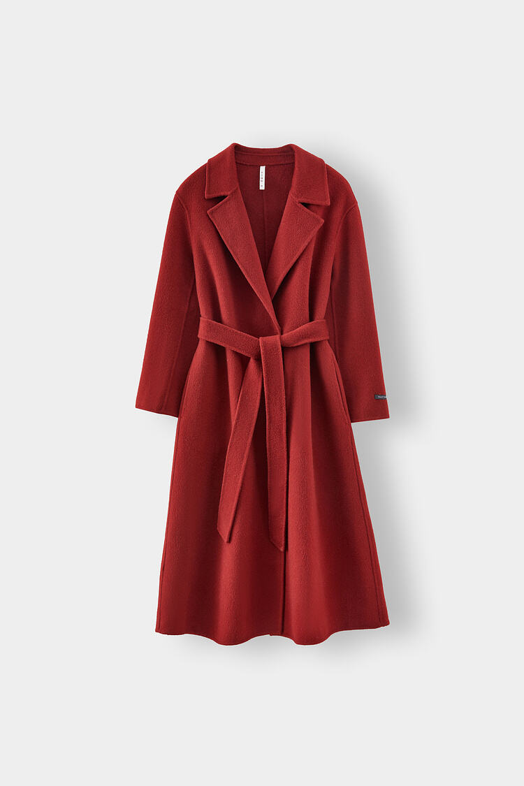2025 Spring New Elegant Belted Long Cashmere Coat Loose Turn Down Collar Water Ripple Korea Wool Coat Ladies factory