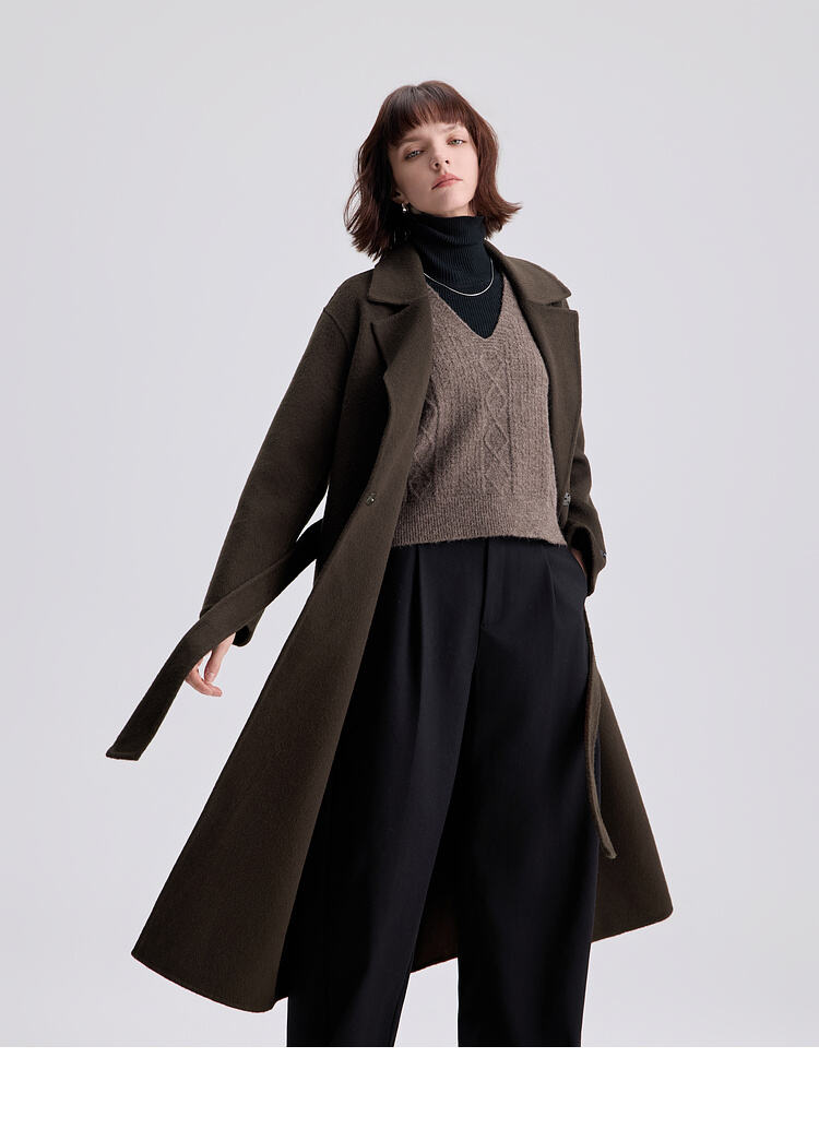 2025 Spring New Elegant Belted Long Cashmere Coat Loose Turn Down Collar Water Ripple Korea Wool Coat Ladies supplier