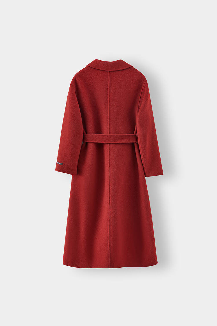 2025 Spring New Elegant Belted Long Cashmere Coat Loose Turn Down Collar Water Ripple Korea Wool Coat Ladies factory