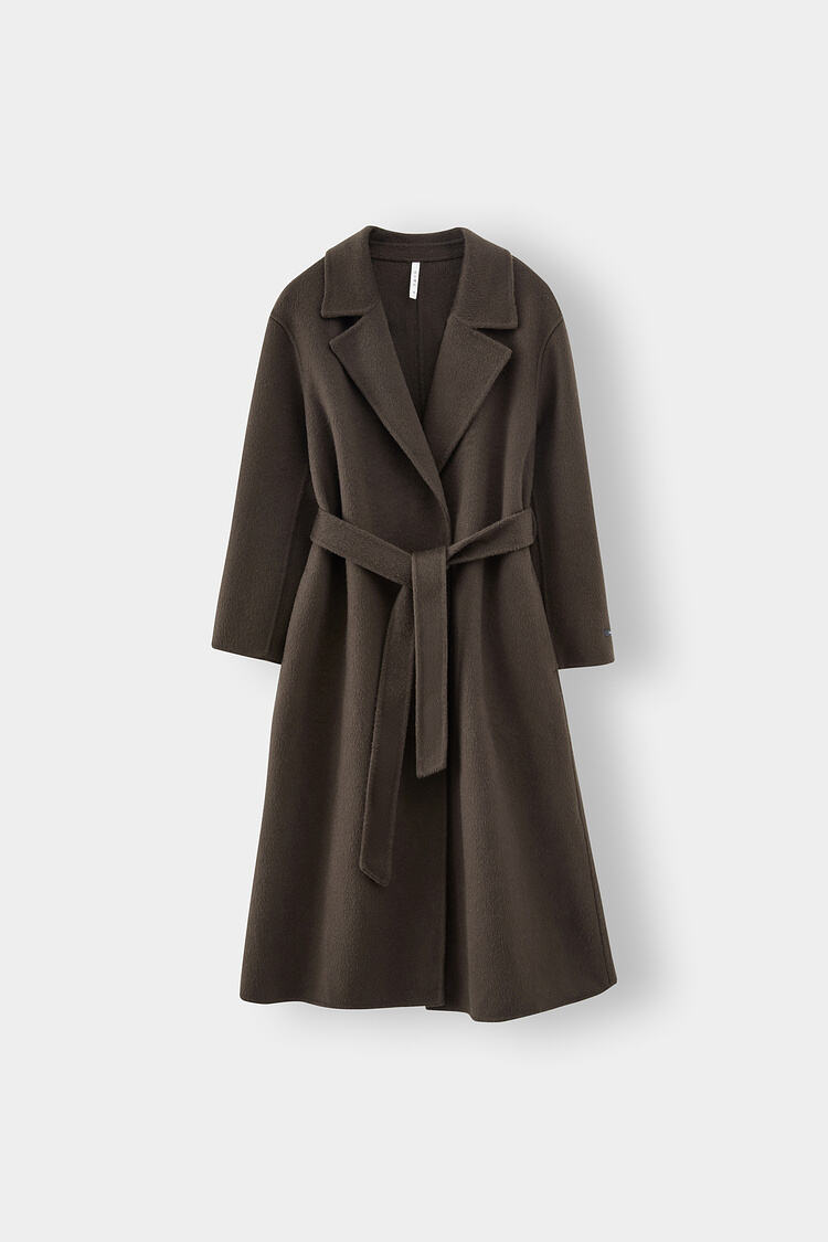 2025 Spring New Elegant Belted Long Cashmere Coat Loose Turn Down Collar Water Ripple Korea Wool Coat Ladies factory