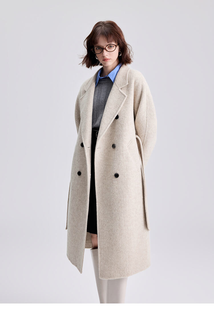 Custom Women Autumn Winter Wool Maxi Coat with Belt Lapel Solid Color Loose Cardigan Ladies Elegant Long Coat details