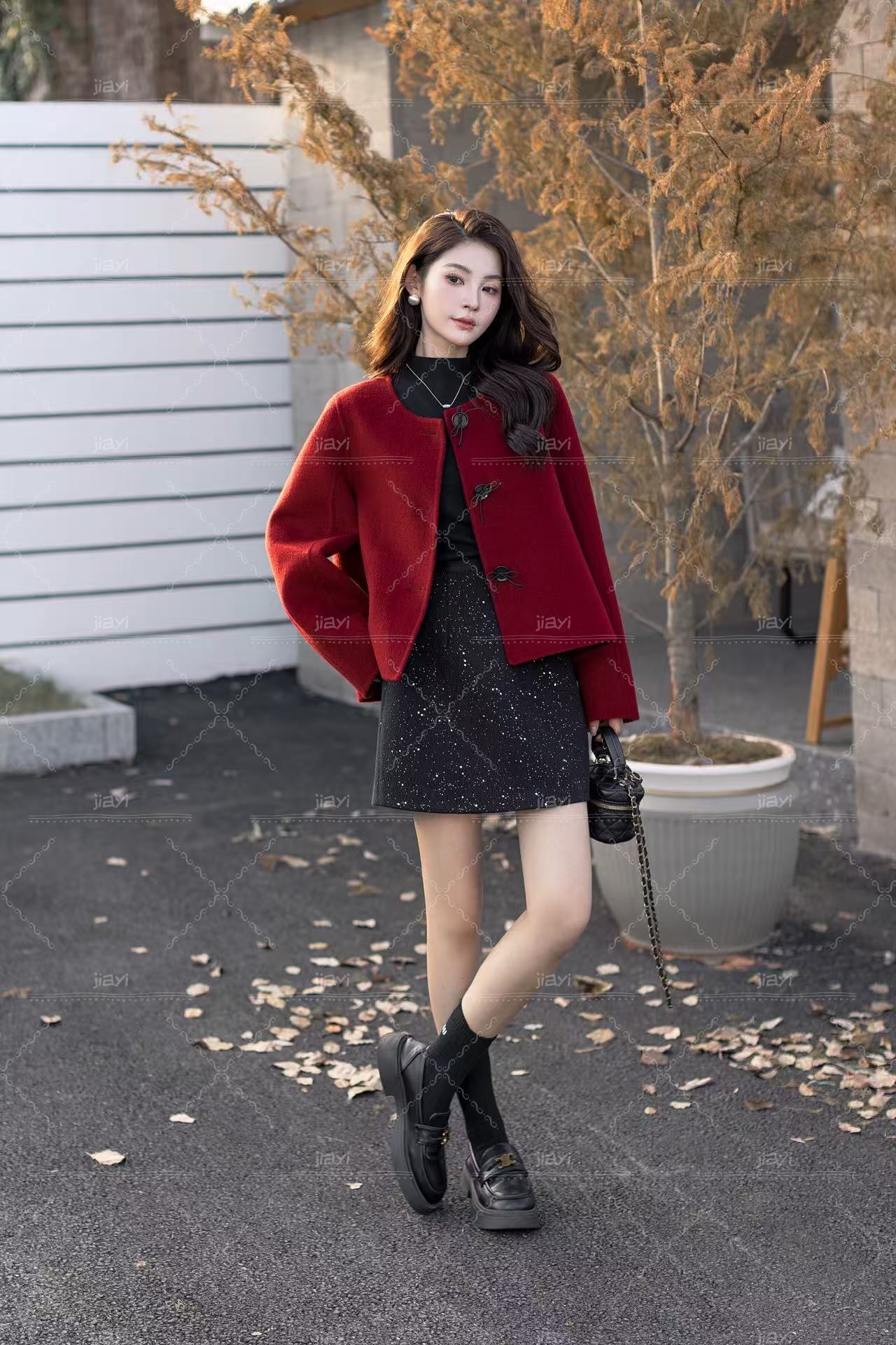 Elegant Long Sleeve Girls Red Jacket for Autumn and Winter Casual Solid Pattern Made of Women's Wool & Blends manufacture