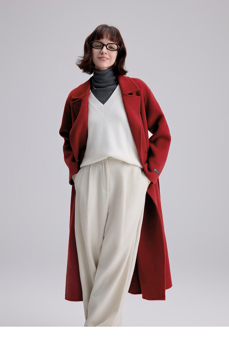 2025 Spring New Elegant Belted Long Cashmere Coat Loose Turn Down Collar Water Ripple Korea Wool Coat Ladies manufacture