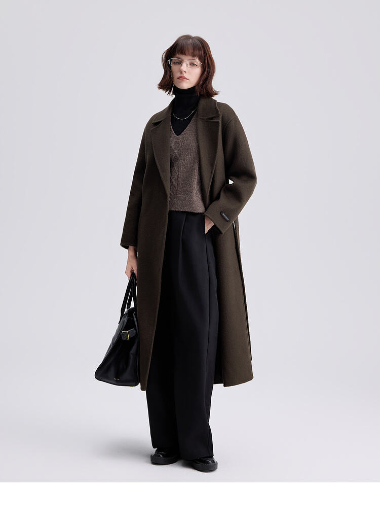 2025 Spring New Elegant Belted Long Cashmere Coat Loose Turn Down Collar Water Ripple Korea Wool Coat Ladies supplier