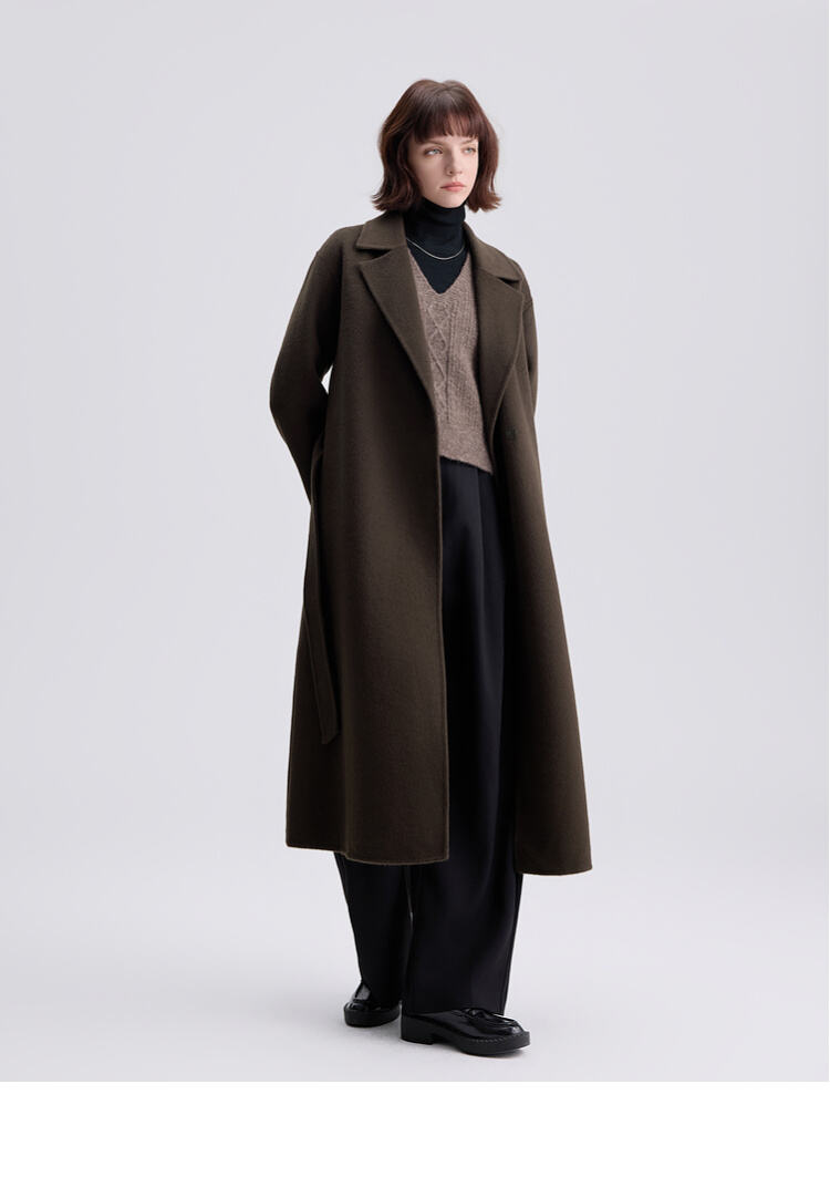 2025 Spring New Elegant Belted Long Cashmere Coat Loose Turn Down Collar Water Ripple Korea Wool Coat Ladies details