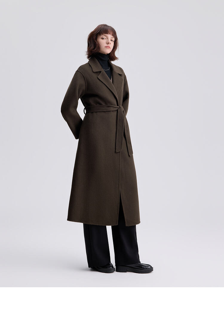 2025 Spring New Elegant Belted Long Cashmere Coat Loose Turn Down Collar Water Ripple Korea Wool Coat Ladies factory