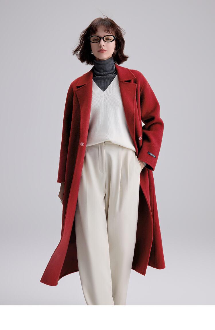 2025 Spring New Elegant Belted Long Cashmere Coat Loose Turn Down Collar Water Ripple Korea Wool Coat Ladies manufacture