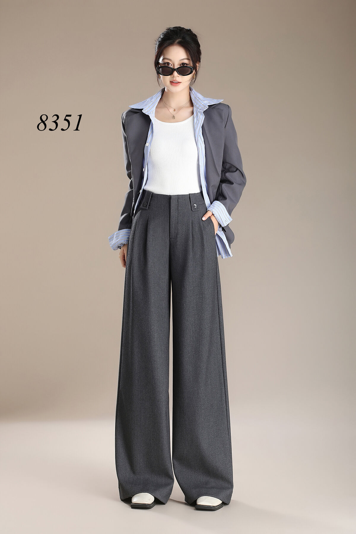 Women's High Mid Waist Office Pants Autumn Winter Wide Leg Straight Long Trousers for Ladies manufacture