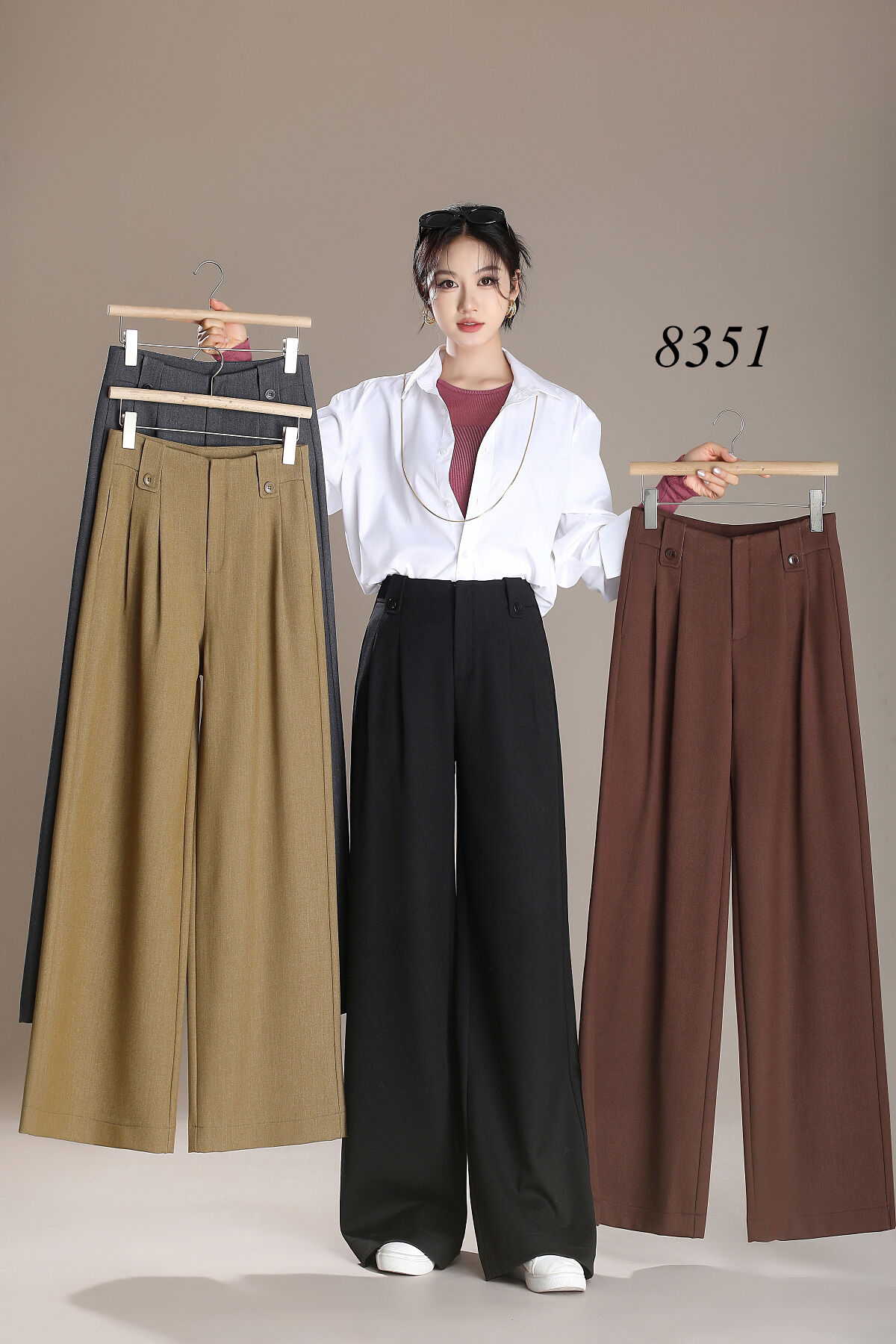 Women's High Mid Waist Office Pants Autumn Winter Wide Leg Straight Long Trousers for Ladies details