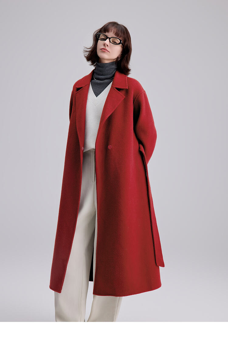 2025 Spring New Elegant Belted Long Cashmere Coat Loose Turn Down Collar Water Ripple Korea Wool Coat Ladies factory