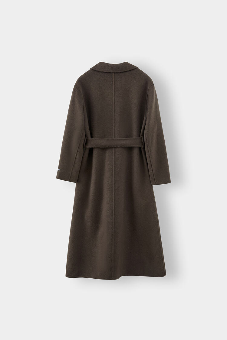 2025 Spring New Elegant Belted Long Cashmere Coat Loose Turn Down Collar Water Ripple Korea Wool Coat Ladies factory