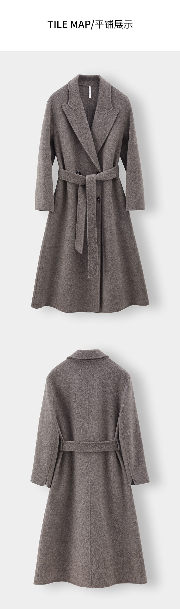 Gray Color Notched Collar Long Sleeve Sashes Casual Fashion Women Long Trench Coat details