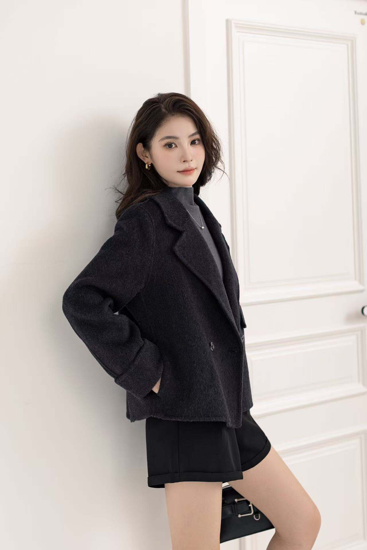 Handmade Women's Winter Double-Face Wool Coat Short Length Overcoat with Button Decoration Warm Style Wool & Blends details