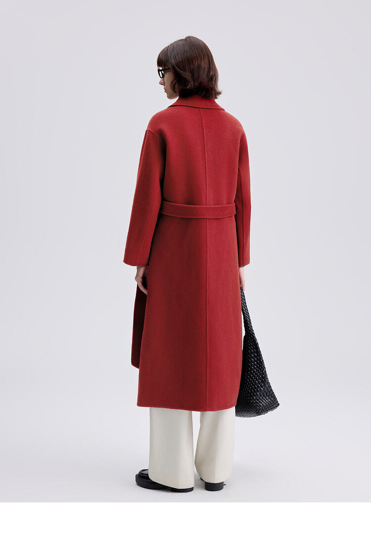 2025 Spring New Elegant Belted Long Cashmere Coat Loose Turn Down Collar Water Ripple Korea Wool Coat Ladies factory