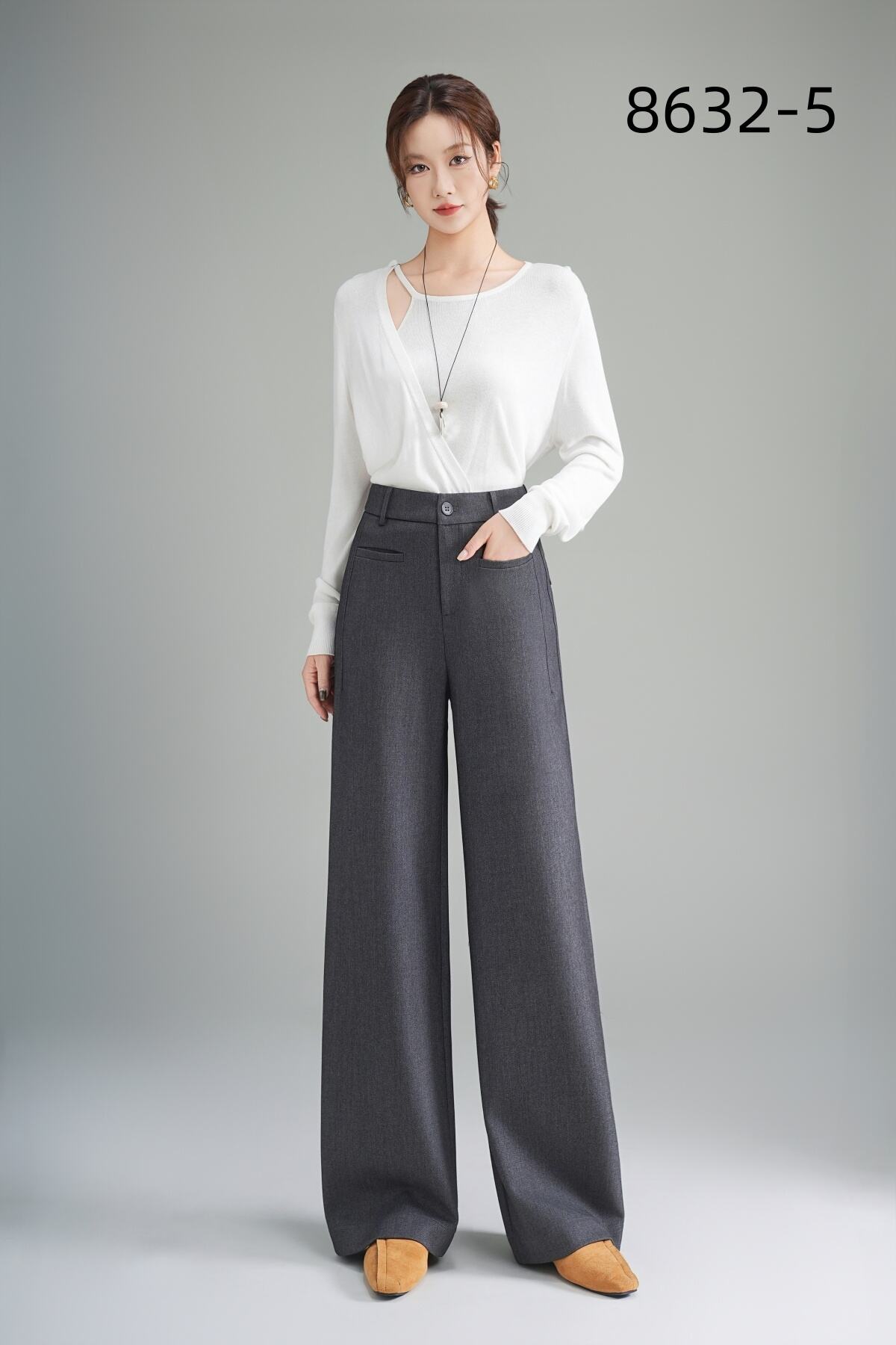 Women's Winter Casual Style Loose Straight-Cut Wide-Leg Trousers Solid Color High Waist Zipper Fly Anti-Wrinkle Long Pants supplier