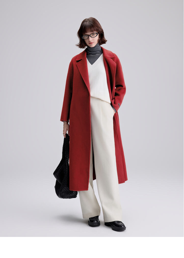 2025 Spring New Elegant Belted Long Cashmere Coat Loose Turn Down Collar Water Ripple Korea Wool Coat Ladies details