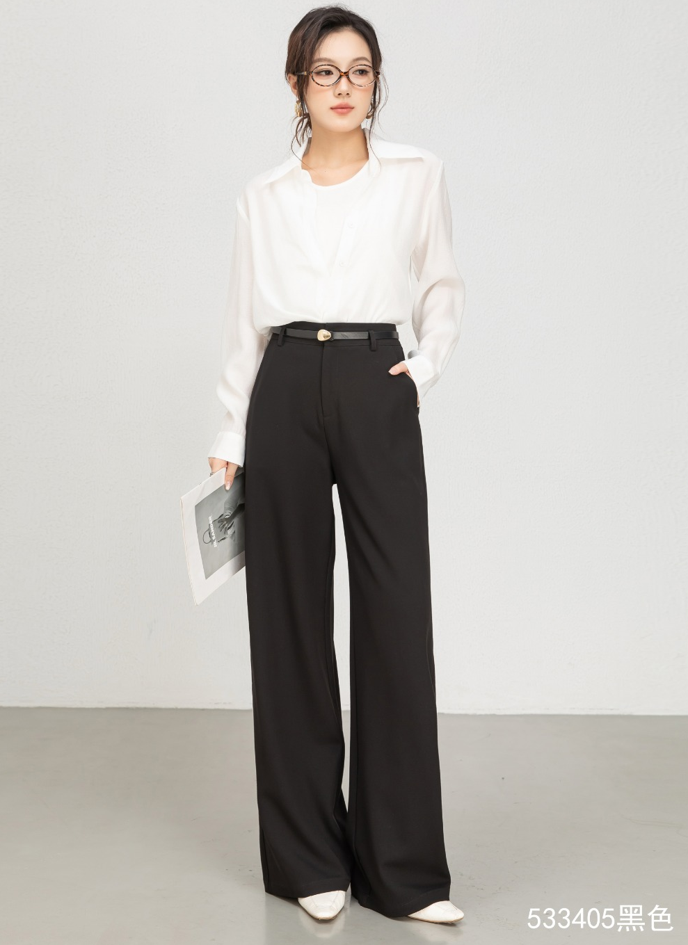 Lady's High-Waisted Wide-Leg Fall/Winter Office Pants-Breathable Plain Dyed Solid Color Long Straight-Leg Style for Women factory