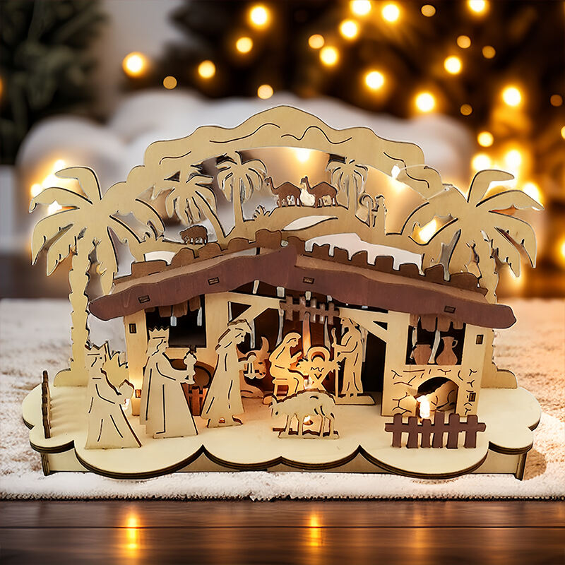 Christmas Gifts Light Up Laser Cut Wooden Nativity Set For Christmas Table Decorations supplier