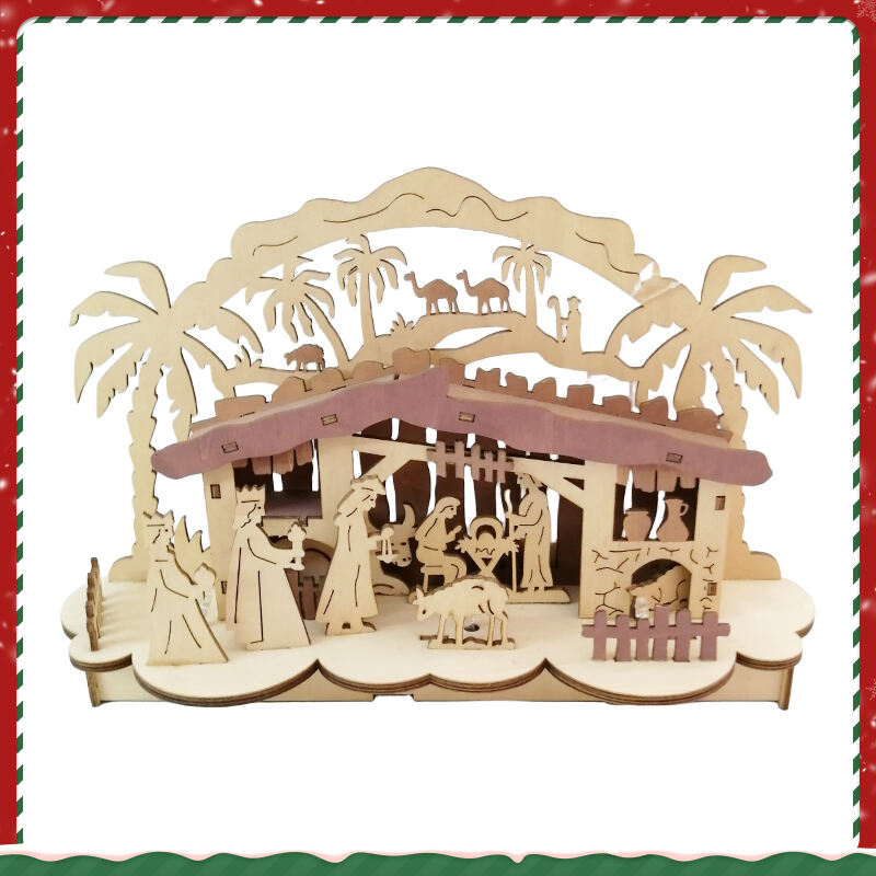 Christmas Gifts Light Up Laser Cut Wooden Nativity Set For Christmas Table Decorations supplier