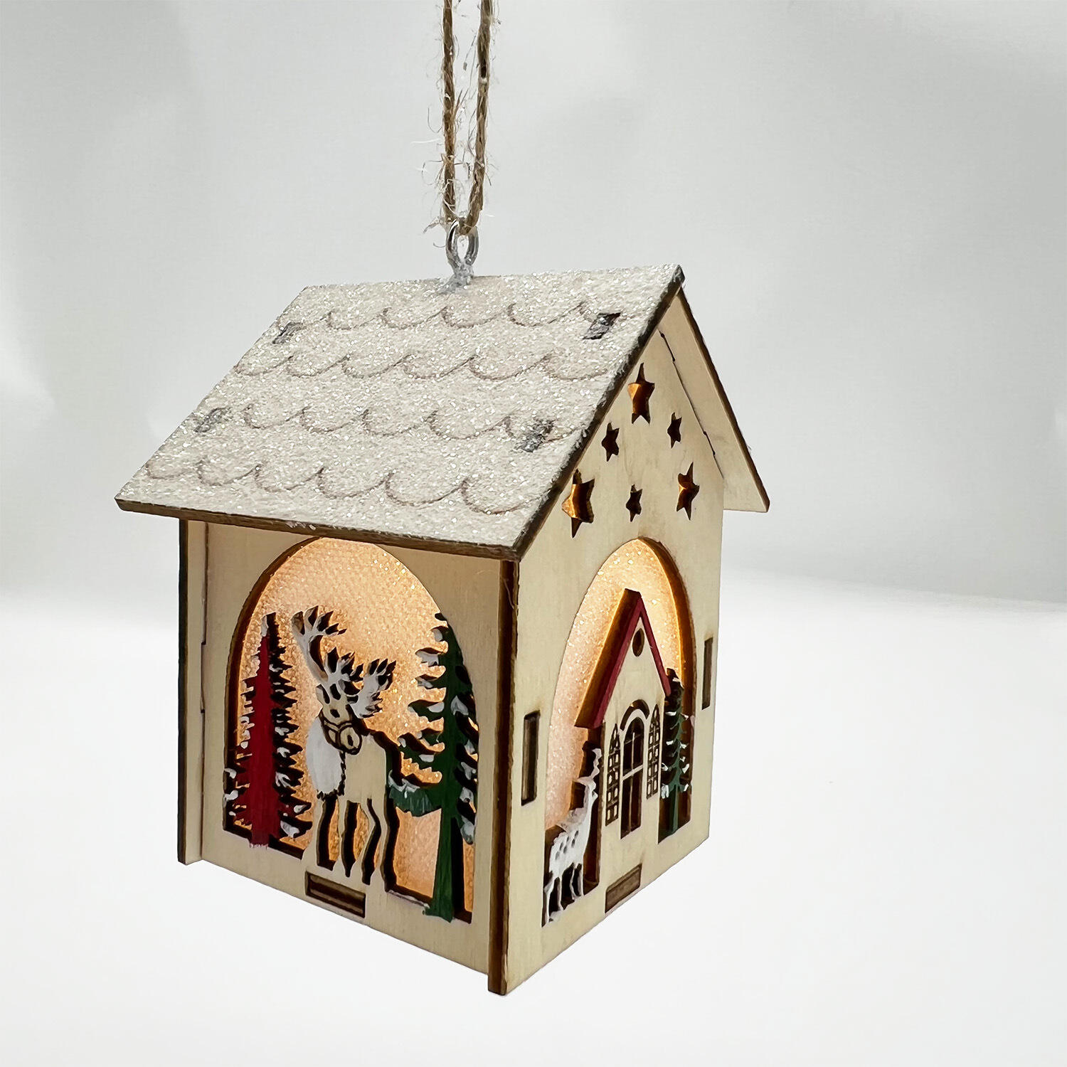 Christmas Light Wooden House With Led Light Christmas Ornaments Wood Hanging Ornament for Xmas Tree Decor factory