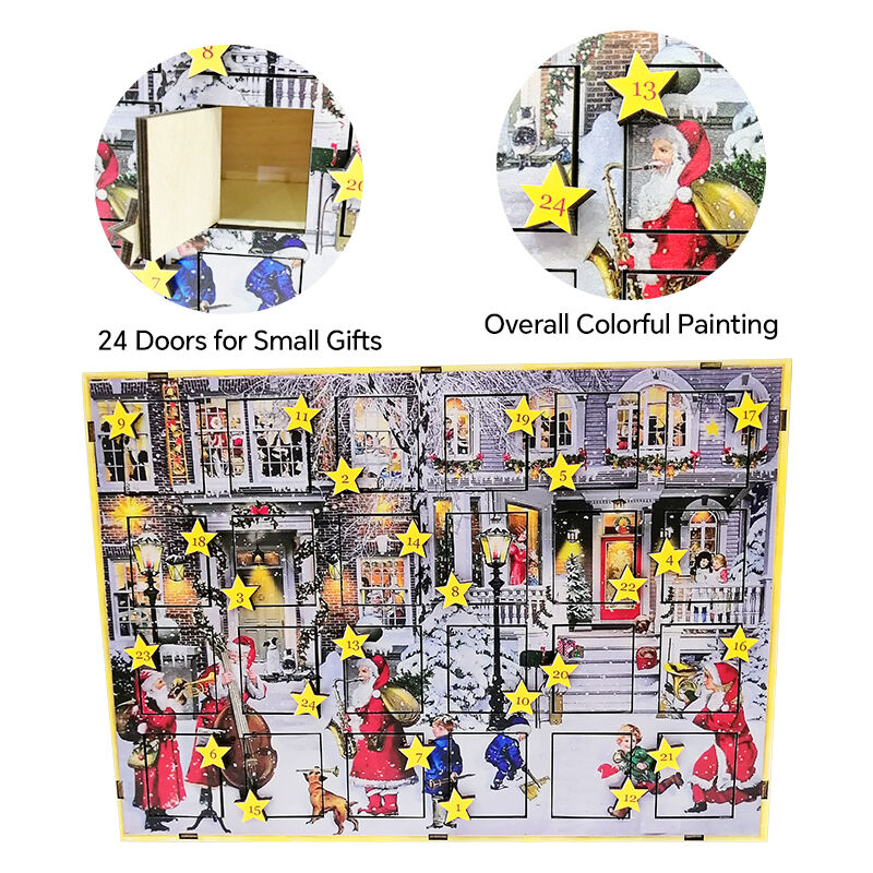 Wooden Advent Calendar With Wooden Laser Cut Christmas Scene And Coloured Background For Christmas Table Decorations supplier