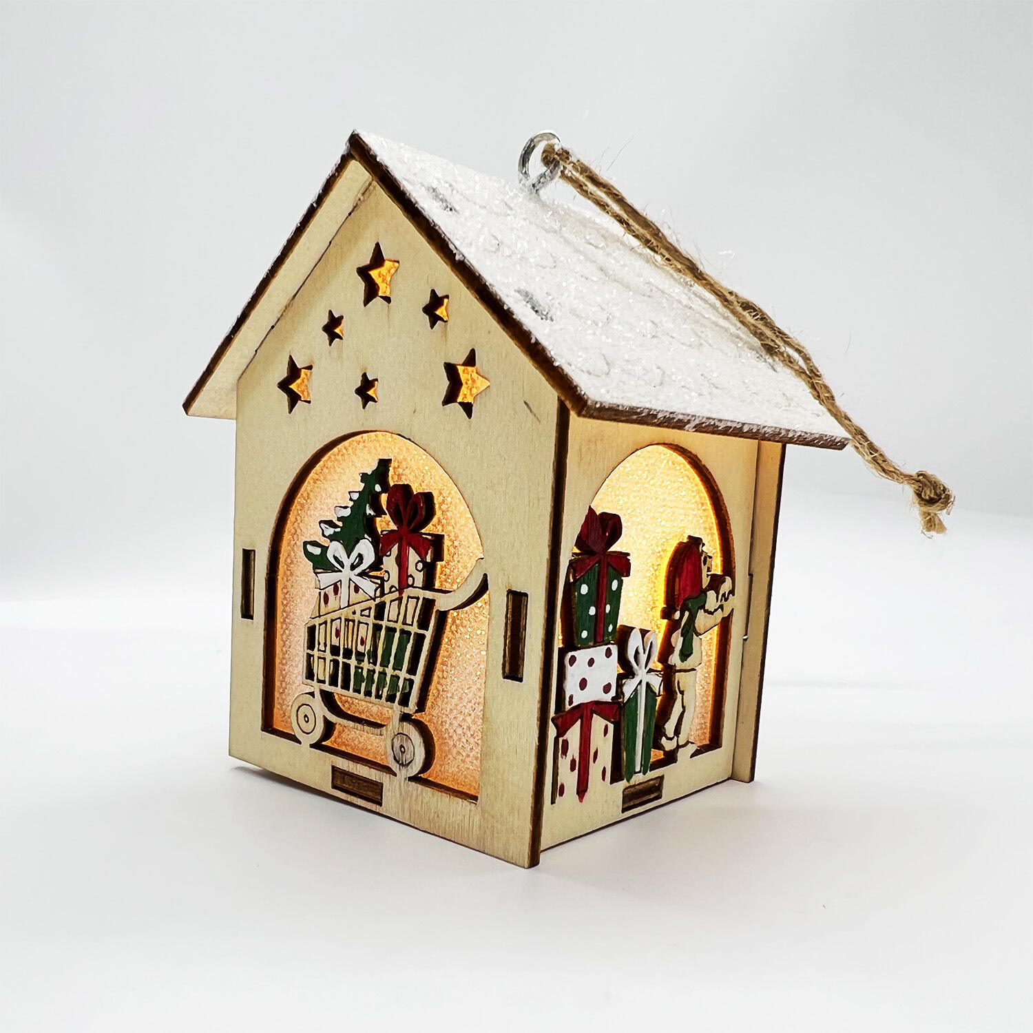 Christmas Light Wooden House With Led Light Christmas Ornaments Wood Hanging Ornament for Xmas Tree Decor manufacture