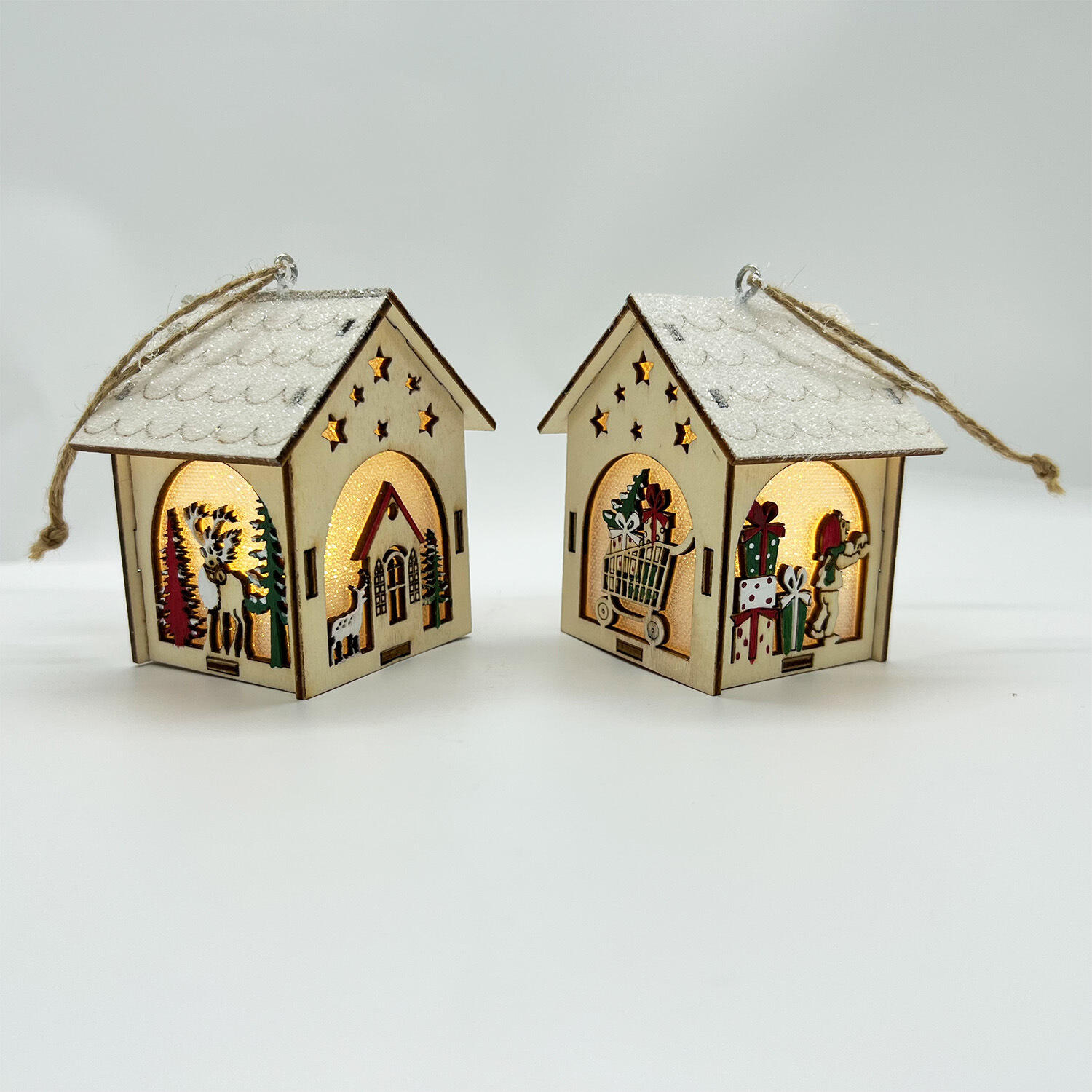 Christmas Light Wooden House With Led Light Christmas Ornaments Wood Hanging Ornament for Xmas Tree Decor details