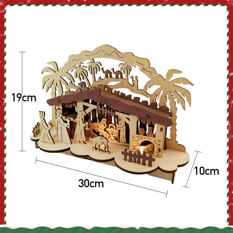 Christmas Gifts Light Up Laser Cut Wooden Nativity Set For Christmas Table Decorations factory