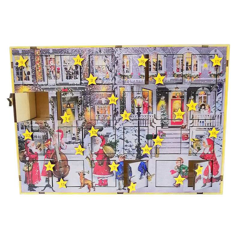 Wooden Advent Calendar With Wooden Laser Cut Christmas Scene And Coloured Background For Christmas Table Decorations manufacture