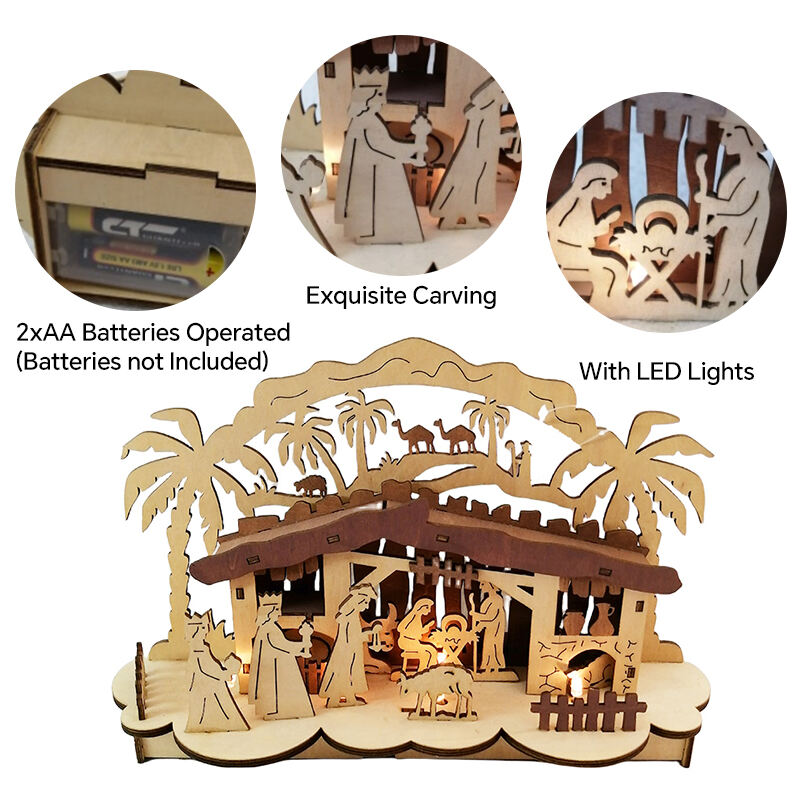 Christmas Gifts Light Up Laser Cut Wooden Nativity Set For Christmas Table Decorations manufacture