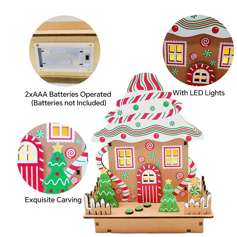 Colourful Gingerbread House Christmas Table Decorations With Wooden Laser Cut Christmas Scene And Light Up  For Christmas Gift supplier