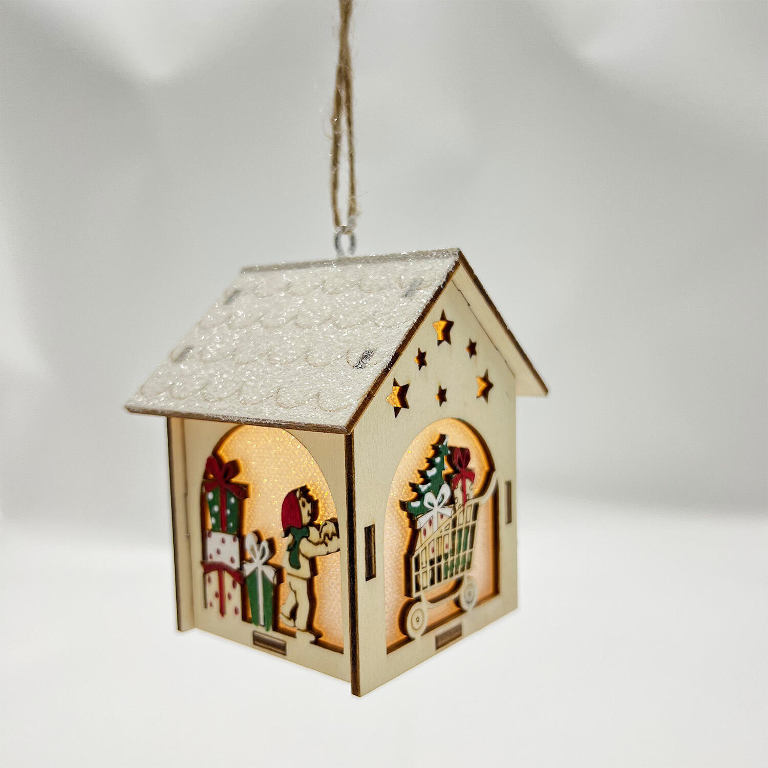 Christmas Light Wooden House With Led Light Christmas Ornaments Wood Hanging Ornament for Xmas Tree Decor supplier