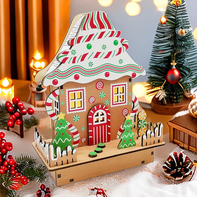 Colourful Gingerbread House Christmas Table Decorations With Wooden Laser Cut Christmas Scene And Light Up  For Christmas Gift details