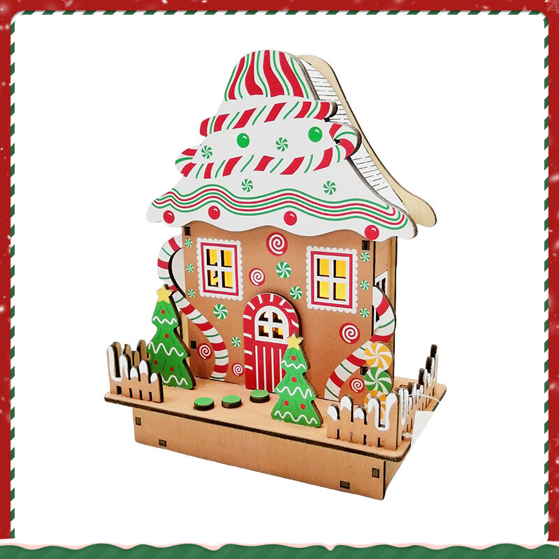 Colourful Gingerbread House Christmas Table Decorations With Wooden Laser Cut Christmas Scene And Light Up  For Christmas Gift details