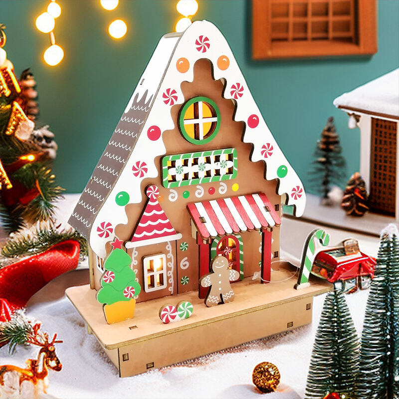 Colourful Christmas Gingerbread House Christmas Table Decorations With Wooden Laser Cut Christmas Scene And Light Up  For Christ manufacture