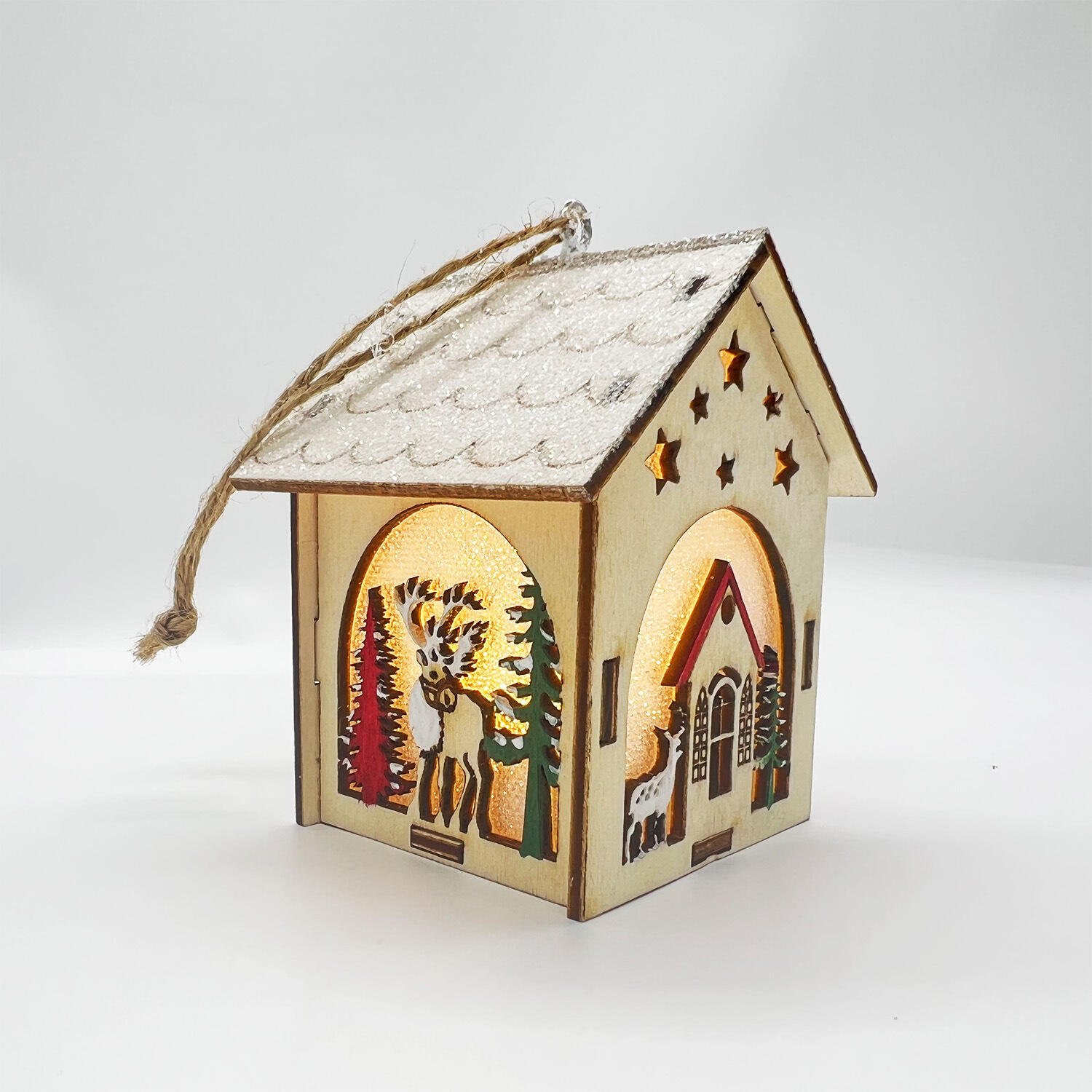 Christmas Light Wooden House With Led Light Christmas Ornaments Wood Hanging Ornament for Xmas Tree Decor supplier
