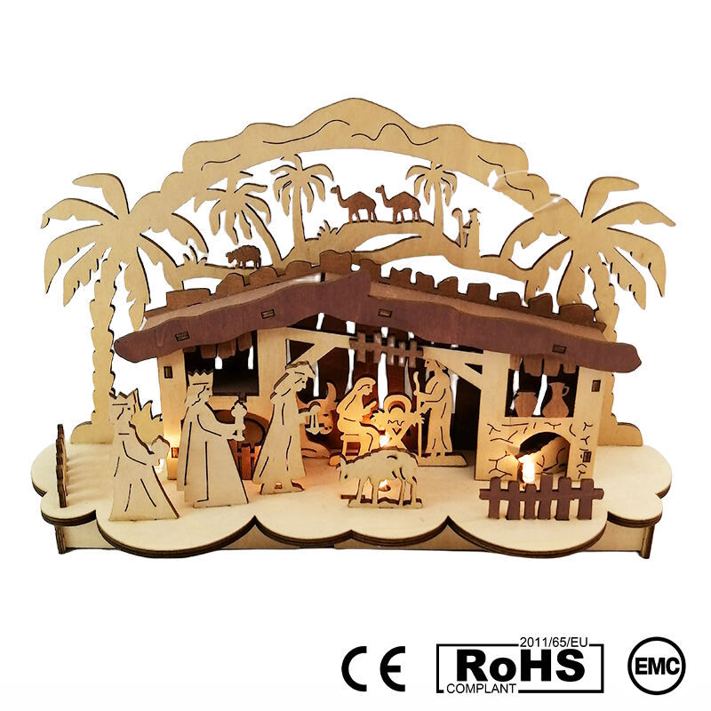 Christmas Gifts Light Up Laser Cut Wooden Nativity Set For Christmas Table Decorations factory
