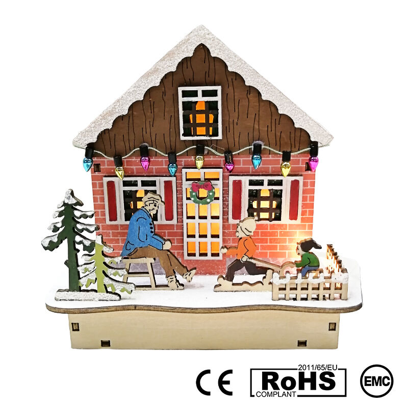 Colourful House Christmas Table Decorations With Wooden Laser Cut Christmas Scene And Light Up  For Christmas Gift manufacture