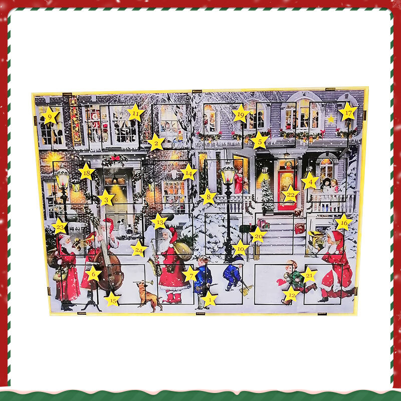 Wooden Advent Calendar With Wooden Laser Cut Christmas Scene And Coloured Background For Christmas Table Decorations manufacture