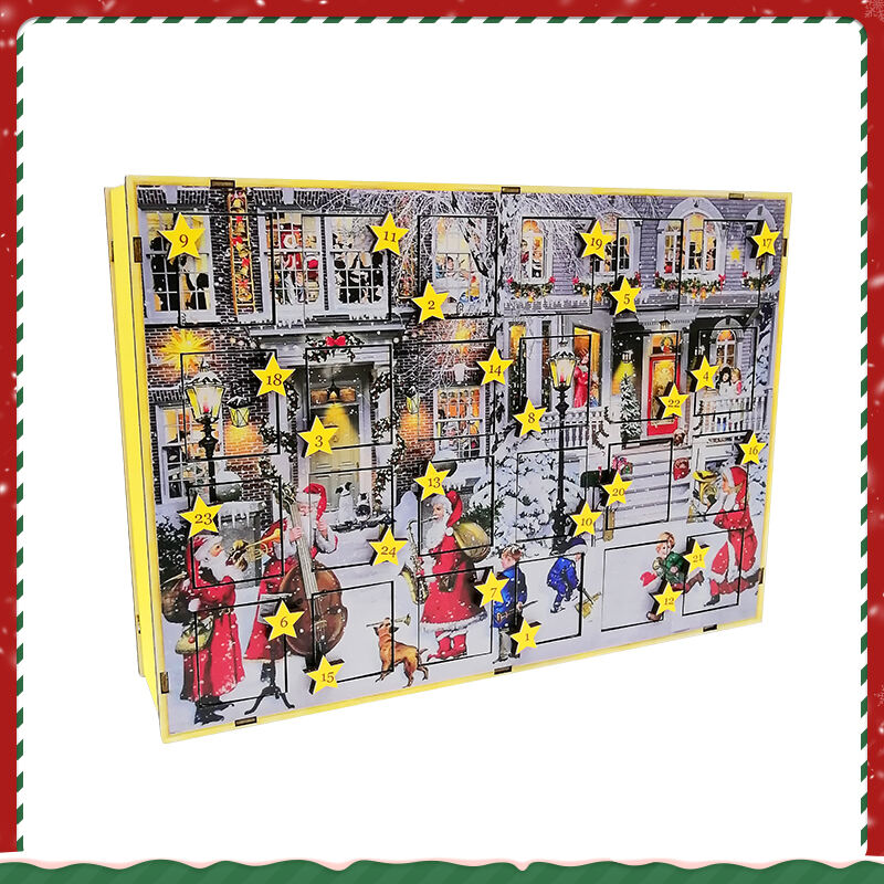 Wooden Advent Calendar With Wooden Laser Cut Christmas Scene And Coloured Background For Christmas Table Decorations factory