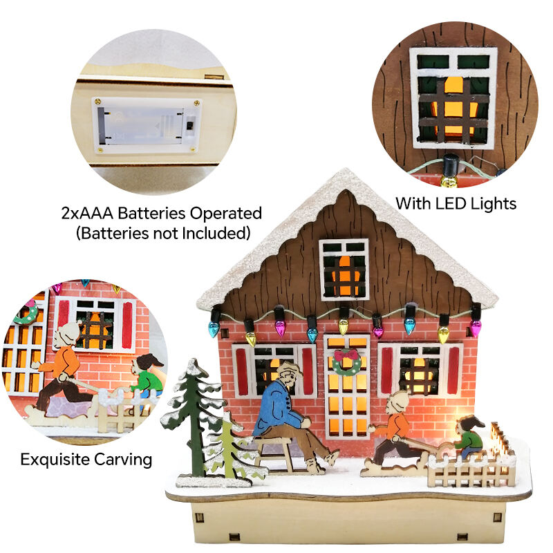 Colourful House Christmas Table Decorations With Wooden Laser Cut Christmas Scene And Light Up  For Christmas Gift manufacture