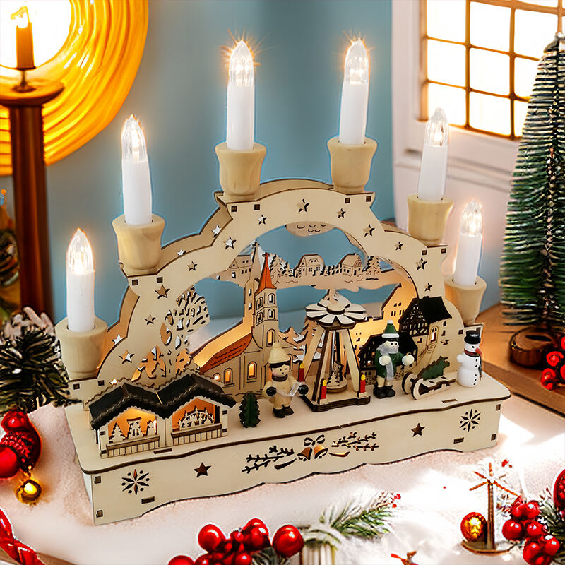 Christmas House Village With Wooden Laser Cut Christmas Scene And Light Up Arch Bridge For Christmas Gift supplier