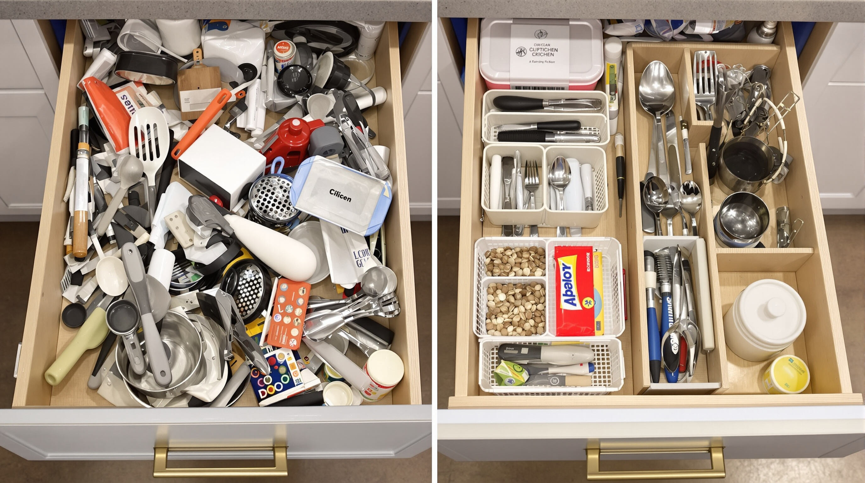 Side-by-side drawers showing messy clutter next to a neatly organized drawer with baskets